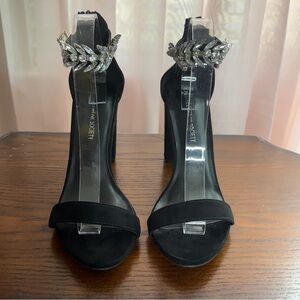 Black Rhinestone Ankle Strap Block Heels Faux Suede Streetwear Society Size 9